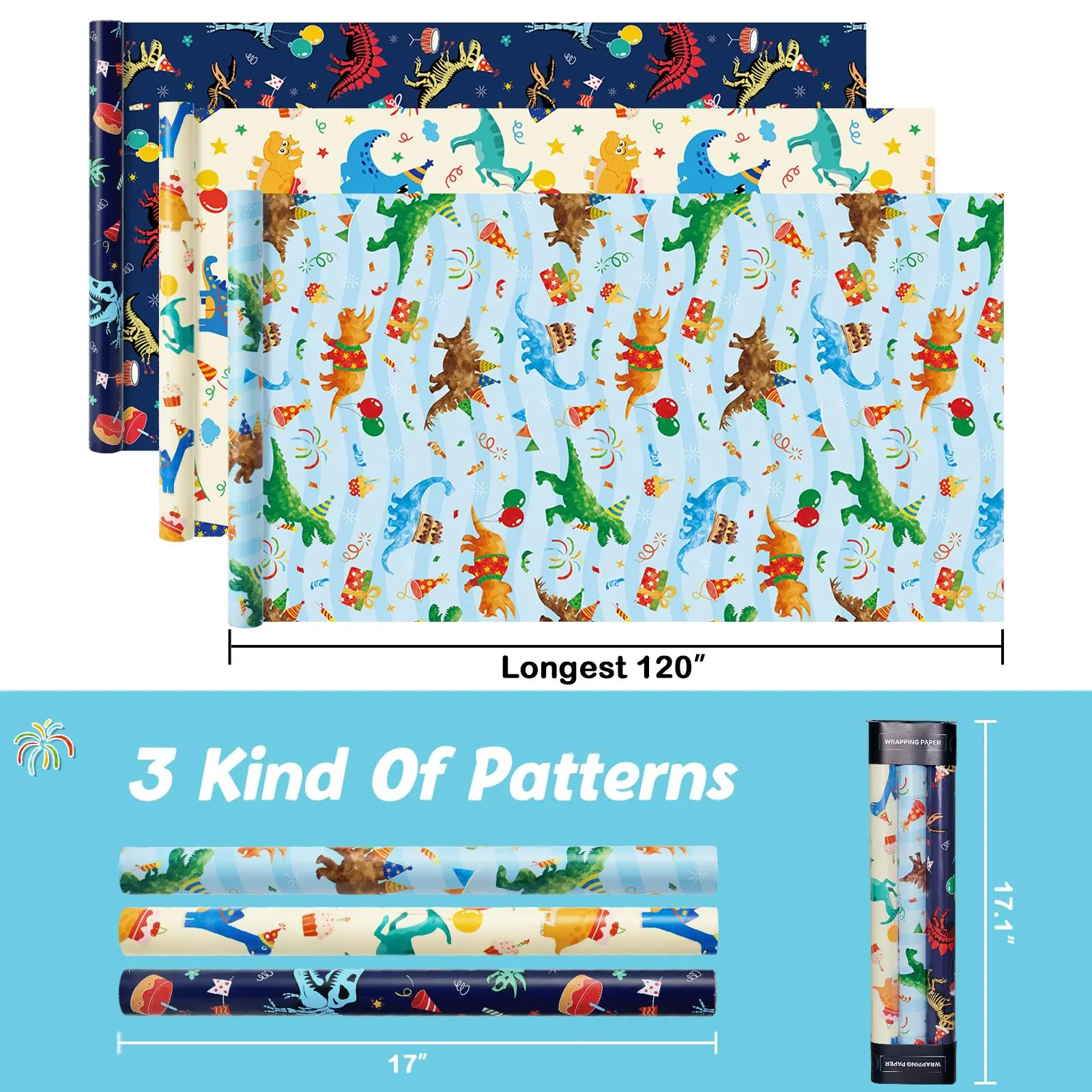 【Clearance】WERNNSAI 3 Pack Wrapping Paper Rolls (17"x120" with Cutting Lines), Gift Wrap Paper Set, Advanced Printing, Unisex Kids Birthday Party, Baby Shower, All Occasion Gift Wrapping, Art Craft Festive Supplies, papel de regalo para niños cumpleaños