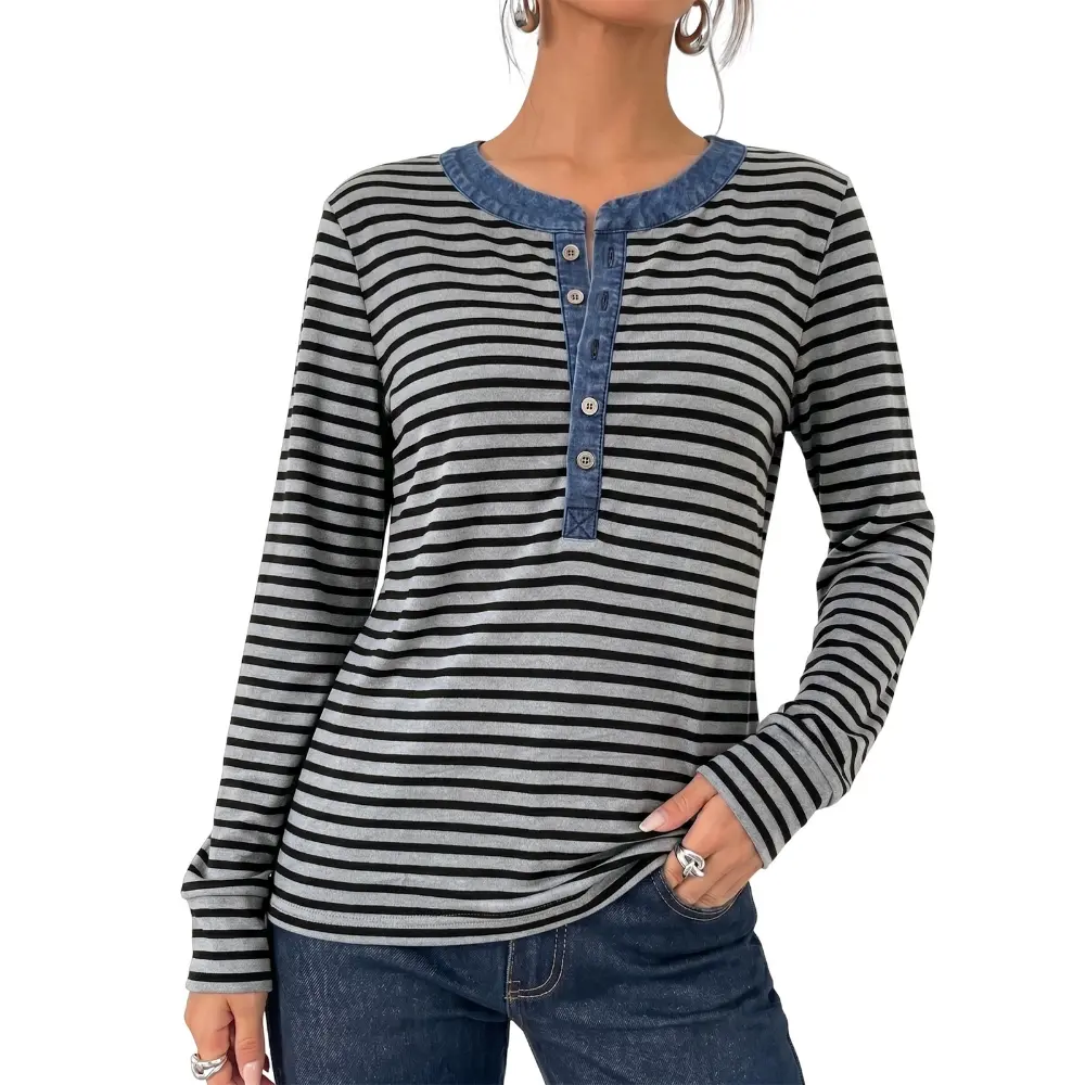 Dokotoo Long Sleeve Shirts for Women Crewneck Slim Fit Striped Womens Blouses Dressy Casual Stretchy Button Down Tops