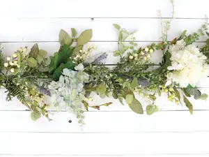 Summer Garland for Mantel | Hydrangea Flower Garland Table Centerpiece Year Round Greenery Decor for Mantle Fireplace Birthday Party Gift