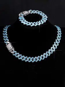 Hip-Hop Sparkling & Blue Cuban Chain Necklace Bracelet Set, Iced Out Bling Jewelry for Men & Women, Perfect for Parties & Festivals, Matching Jewelry Set