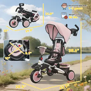 6-in-1 Kids Tricycle Bicycle Toddler Stroller - Collapsible Lightweight Folding Travel Stroller with Adjustable Push Handle, Removable Canopy, Reversible Seat, Outdoor Gear for 1-5 Year Old Girls (Pink), Collapsible Stroller