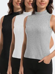 3pcs Women Sports Casual Outdoor Ribbed Brushed Sleeveless Turtleneck Vest