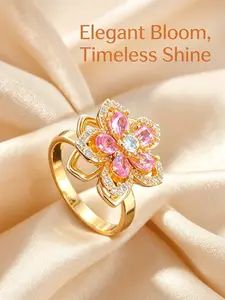 KONPJE Women’s Adjustable Rotating Copper Open Ring with Sunflower Floral Gold Crystals & Cubic Zirconia - Stress Relief Jewelry, Romantic Promise Gift for Her