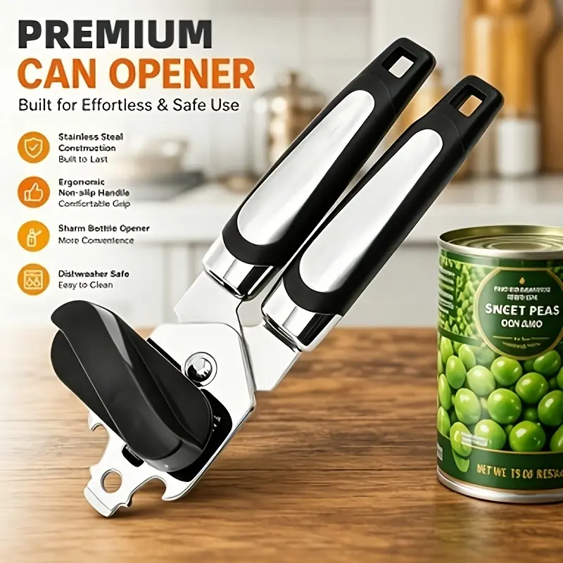 Injury-Free Manual Can Opener, Multifunctional for Home & Commercial Use, Easy Portable Stainless Steel Can Opener, Bottle & Lid Opener, Practical Tool