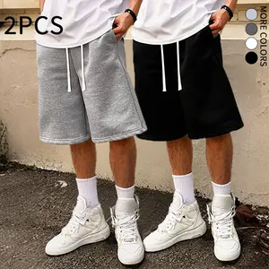 Set of 2 drawstring shorts with elastic waistband, mid-length casual trendy tie shorts suitable for running and sports.