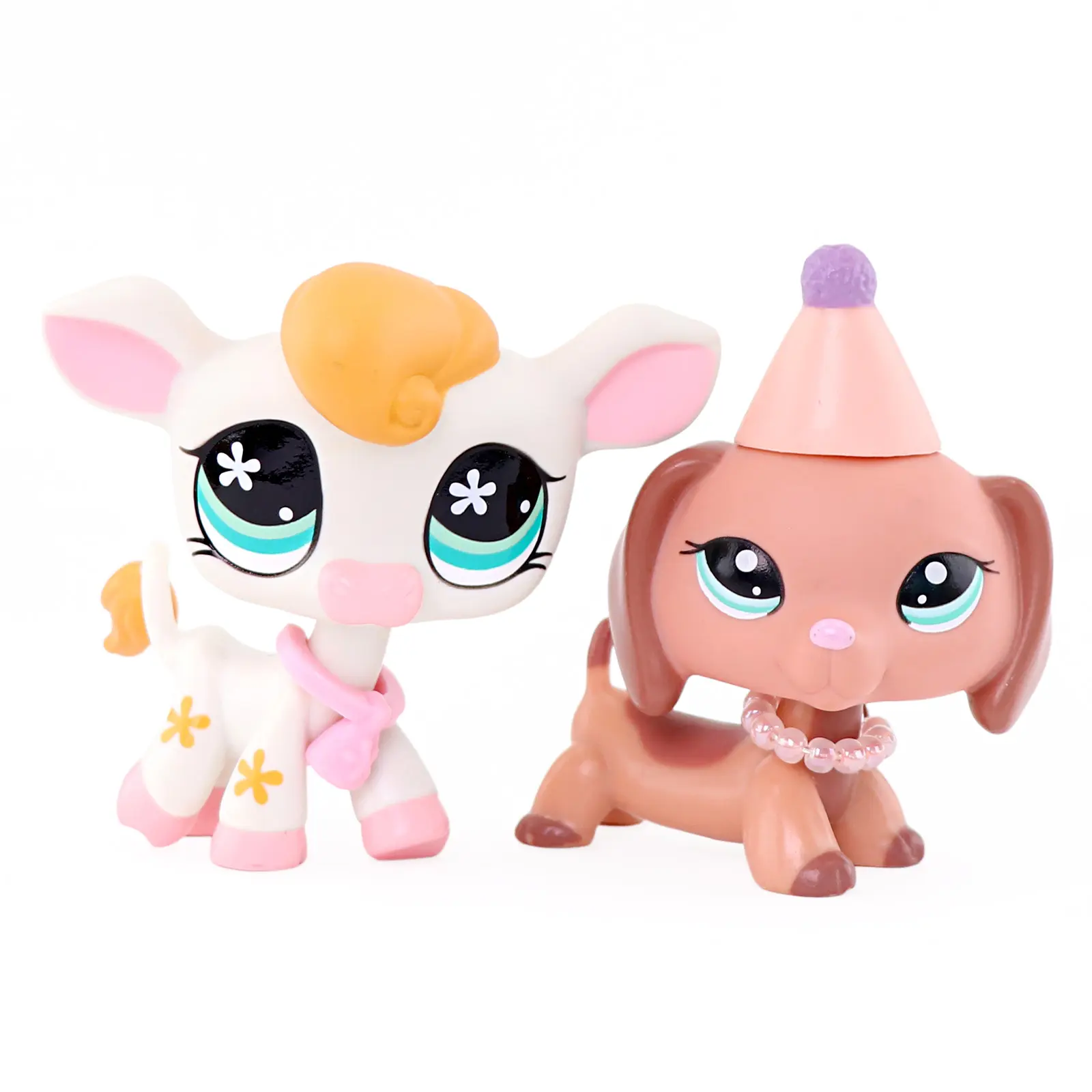 2Pcs Cute Big Eye Animal Figurines Cow & Dachshund Dog Mini Collectible Toy Figures Kids Play Gift Desktop Decor