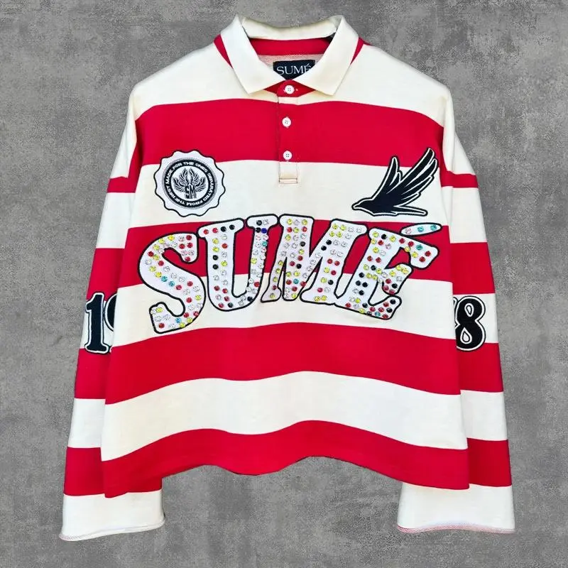 Unisex 2-Piece Retro Classic Rugby Embroidery Stripe Polo Shirt Set, Oversized Long-Sleeved Cotton Menswear Top, Casual Fashion Sports & Outdoor Co-ords, Striped