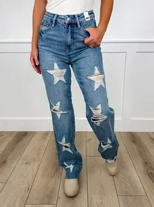 Judy Blue Luna High-Rise Straight Leg Jeans - Medium Wash (Rigid Magic, Raw Hem, Distressed)