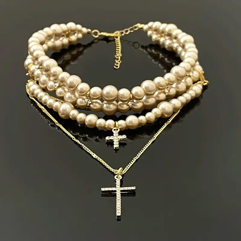 Elegant multi-layer faux pearl cross necklace in European and American style, with a gold chain – perfect for weddings, banquets, and parties; wedding jewelry | Elegant Necklace | Pearl embellishment