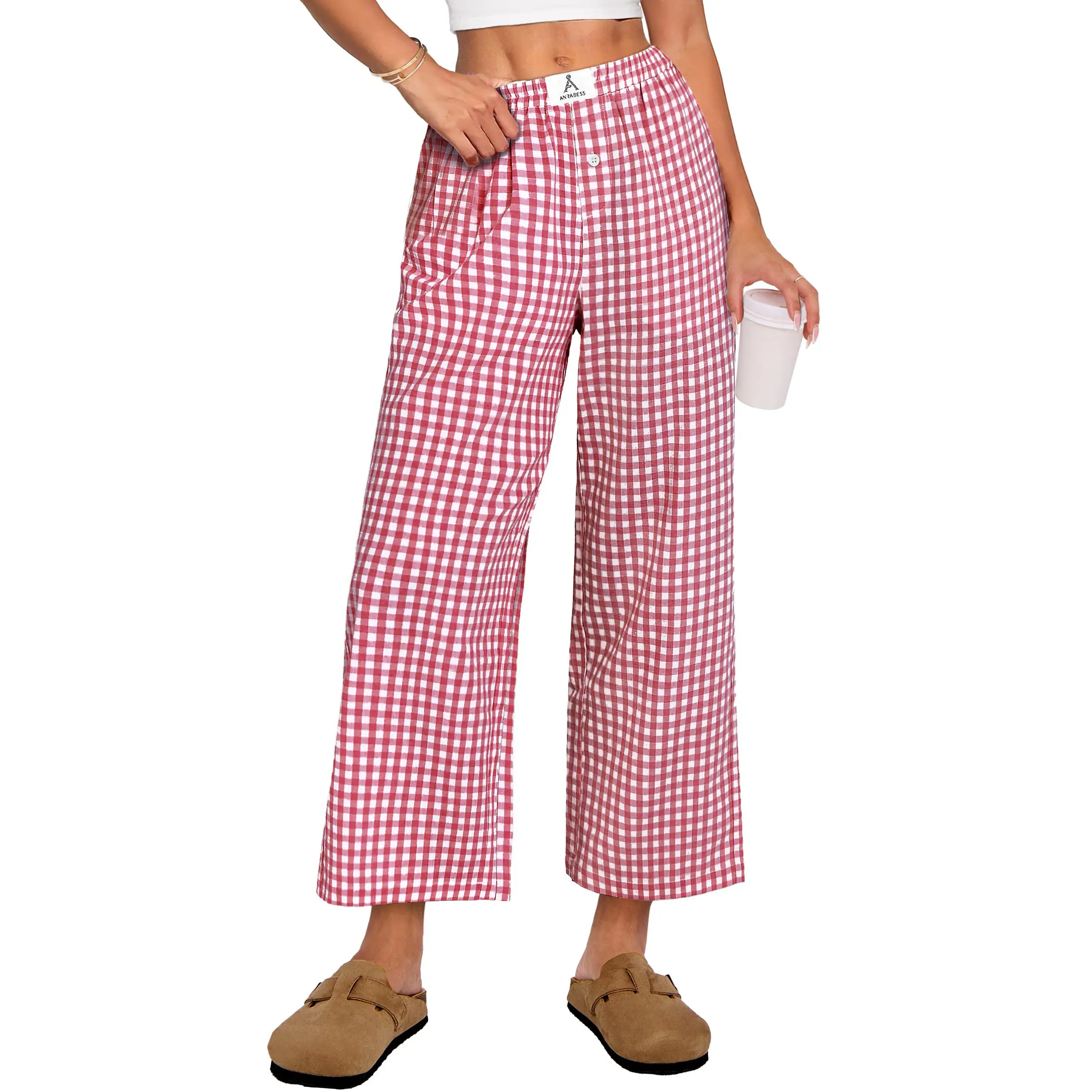 ANRABESS Women Striped Gingham Palazzo Cropped Pants Wide Leg Pajama Lounge Pants Plaid PJ Bottoms Stylish Trousers with Pockets Casual Elastic