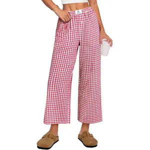 ANRABESS Women Striped Gingham Palazzo Cropped Pants Wide Leg Pajama Lounge Pants Plaid PJ Bottoms Stylish Trousers with Pockets