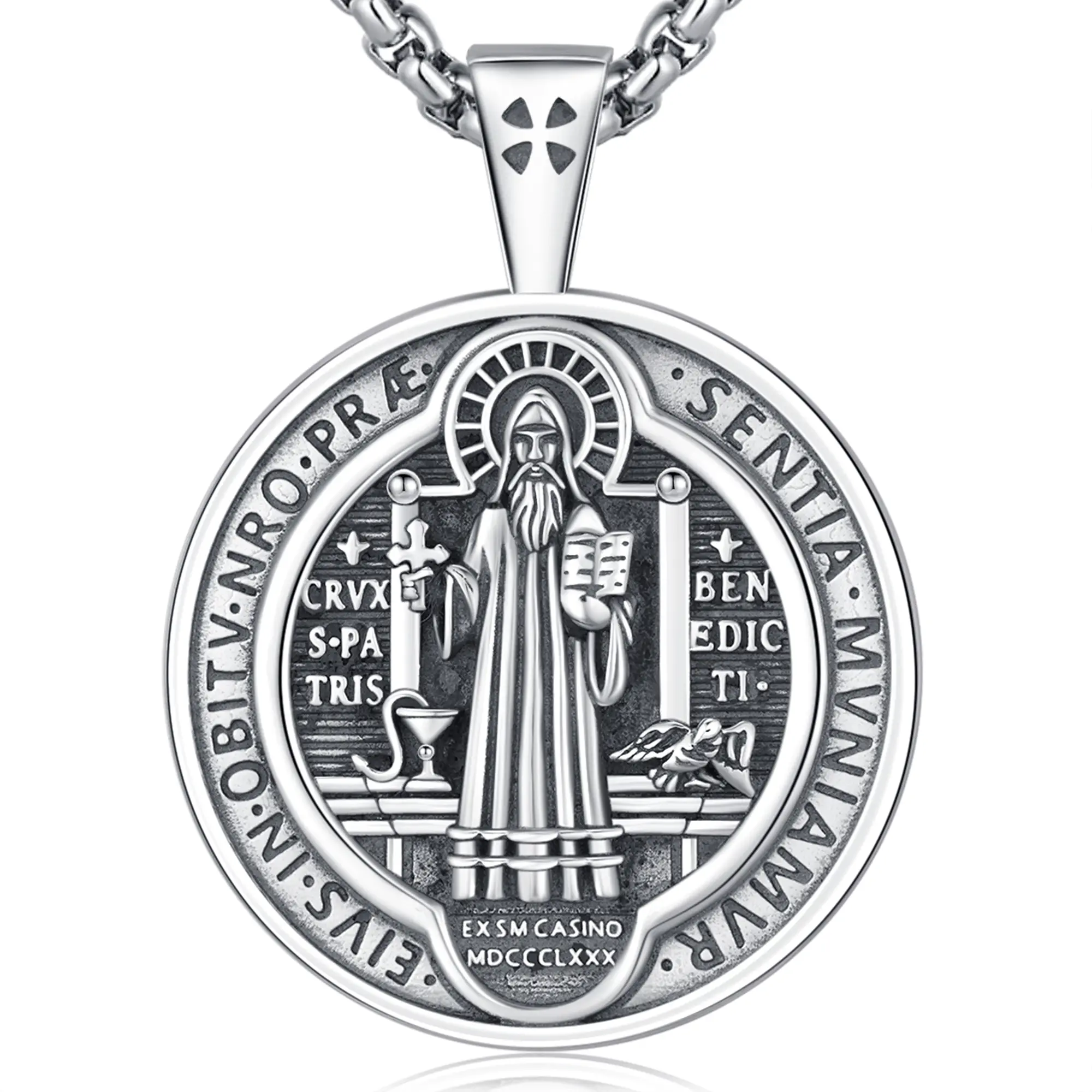DRINSPER 925 Sterling Silver San Benito Medal Necklace - Christian Talisman, Religious Pendant, Exorcism Protection Cross Amulet, Jewelry for Women, Necklaces Gift