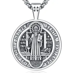 DRINSPER S925 Medalla de San Benito, 925 Sterling Silver St Benedict Medal Necklace, Protection Cross Sacramental Christian Amulet Necklace Gift