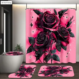 1/3/4PCS Gothic style Black Roses on Pink Shower Curtain Set with Rugs, Non Slip Bath Mat, U-Shape Carpet, Toilet Lid Cover, Polyester Fabric Bathtub Curtain Accessories, 12 Hooks, Home Bathroom Festival Decor