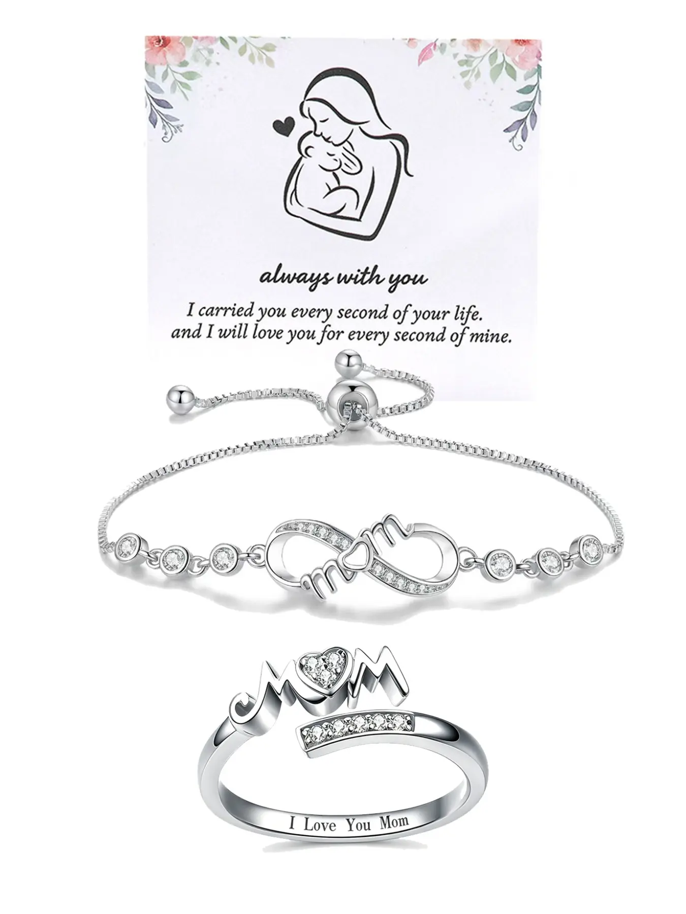 Mother's Day Mother's Memorial Ring, heart-shaped mom cubic zirconia inlay, infinity love heart bracelet set, Inspirational Jewelry, adjustable infinity bracelet suitable for women, suitable as a gift for Mother's Day