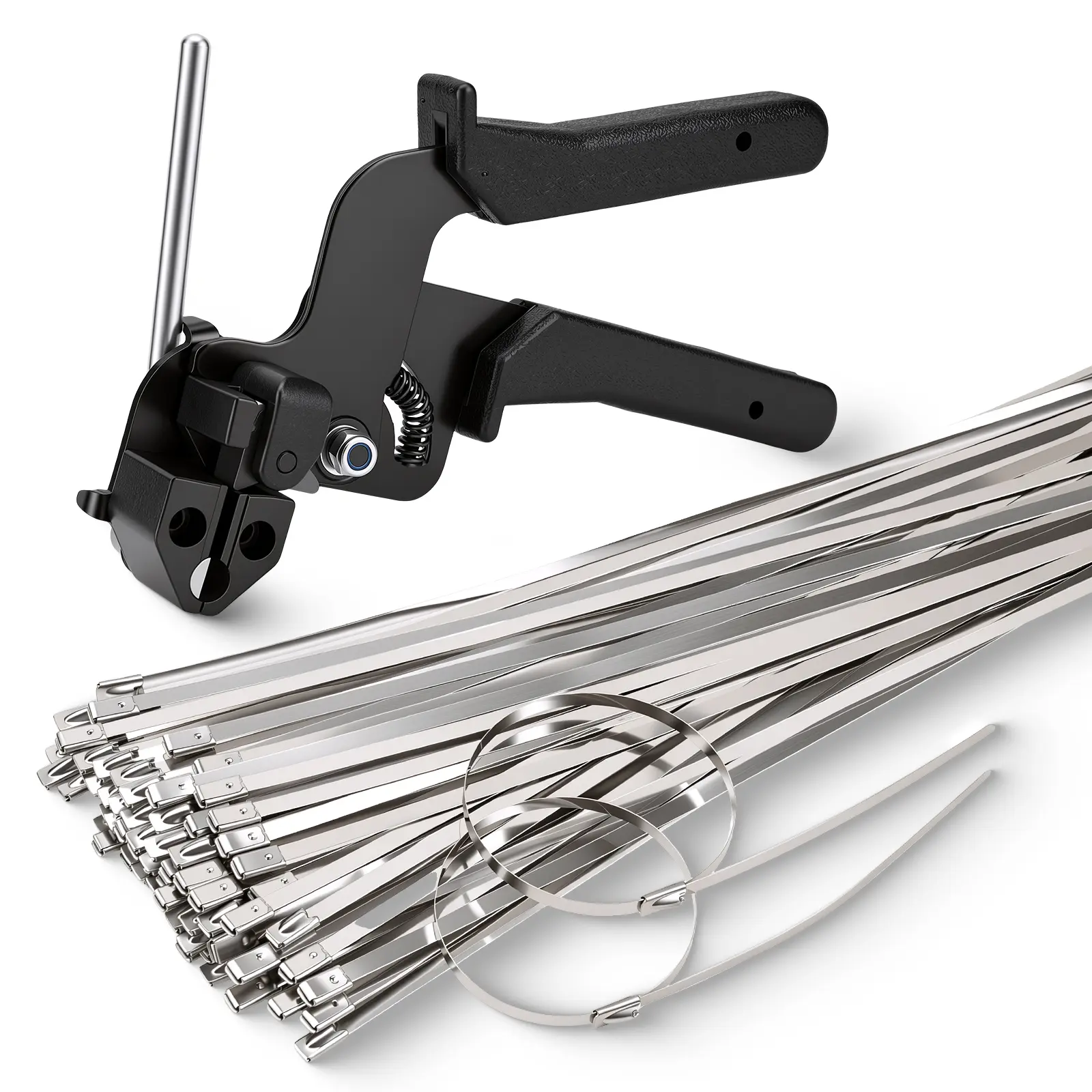GJANSH Metal Zip Ties with Stainless Steel Cable Tie Gun, Special Tool For Fastening and Cutting Steel Zip Ties, 100pcs 11.8in Uv Resistant chain link fence Parts For Fence Exhaust Pipe Outdoor, fathersdaygift
