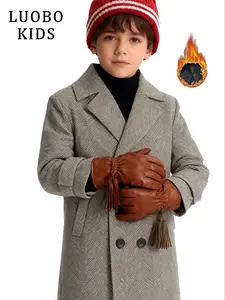 Boys' Thick Woolen Coat, Western College Style Jacket, Winter Warm Outerwear, Long Sleeve Striped Design, Loose-Fitting Pockets, Thick Heavy Coats