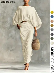 Women's Stylish Loose-Fitting Casual Two-Piece Set, Spring & Fall Comfortable Long Skirt with Waist Definition and Pocket one pocket Womenswear