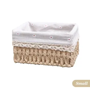 Boho Style Woven Decorative Storage Basket Set, Handmade Cosmetic Organizer, Vintage Country Style with Fabric Lining, Stackable Rectangular Box
