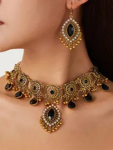 Boho Fashionable Jewelry Set Necklace Earrings, Vintage Hollow Out Design, Water Drop Shape, Indian Style Fashion Accessories for Women