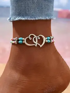 Boho Style Stainless Steel Anklet Set, Silver Color Heart Beaded Chain Jewelry, Ideal Gift for Summer Special Occasions