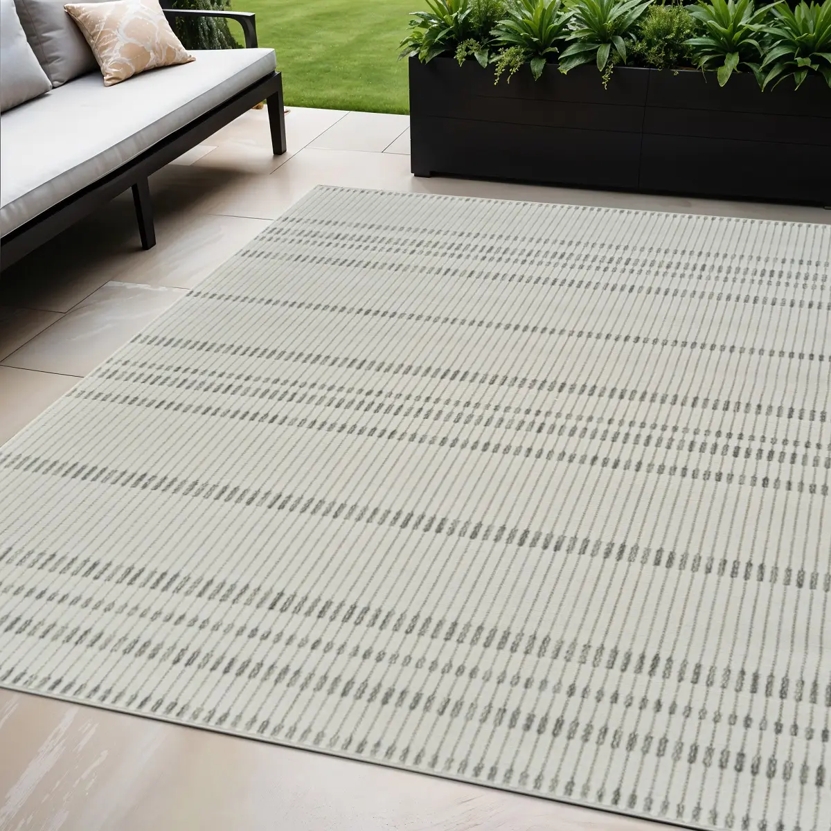 HomeRoots 5'x7' Machine-Made Distressed Striped Rectangular Statement Area Rug - Cream & Beige, Stain-Resistant, Water-Resistant for Patio-Pool Use, Home Decorative, Outdoor Rug Mats, Room Decoration, Distressed Area Rug