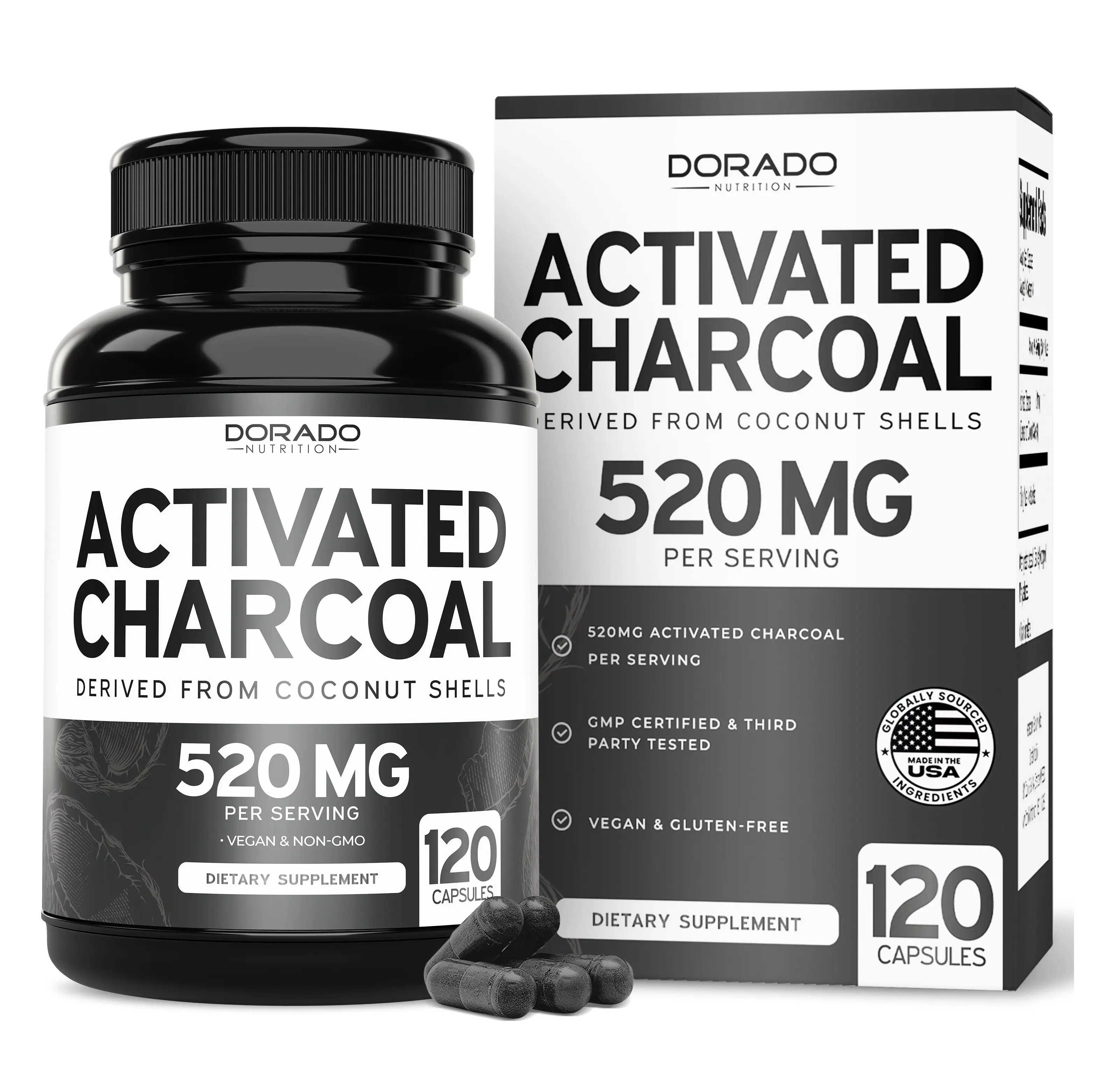 Organic Activated Charcoal Capsules – 520mg Coconut Shell Derived – Digestive Wellness & Bloating Support – Non-GMO, Vegan, Third-Party Tested, USA Made – 120 Count