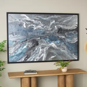 Abstract Blue Canvas Living Room Framed Wall Art with Silver Foil Accents and Black Frame