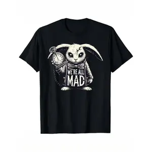 Men's Oversized Vintage Gothic White Rabbit "We're All Mad" Quote T-Shirt - Menswear Round Neck Shortsleeve Graphic Top, Classic Casual Dark Aesthetic Grunge Streetwear, Book Lover Gift with Plants Print