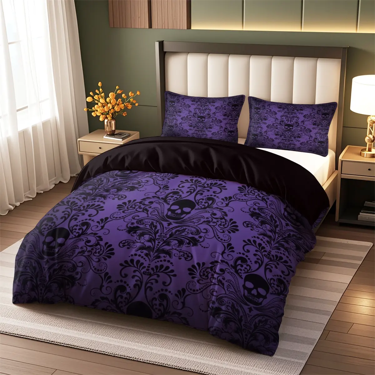 Gothic Skull Print Decorative Bedding Set, Bed Sets, 3 Piece Includes Duvet Cover and Pillowcases, High Definition Seasonal Prints, Home and Dorm Use, Gothic Themed Bedding