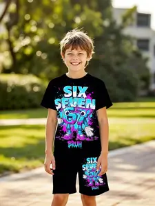 Boys' Fashion Outdoor Sports Summer Clothes Kids Colorful Digital Print Short Sleeve Shorts Set, Casual Fitted Two-Piece，sixseven