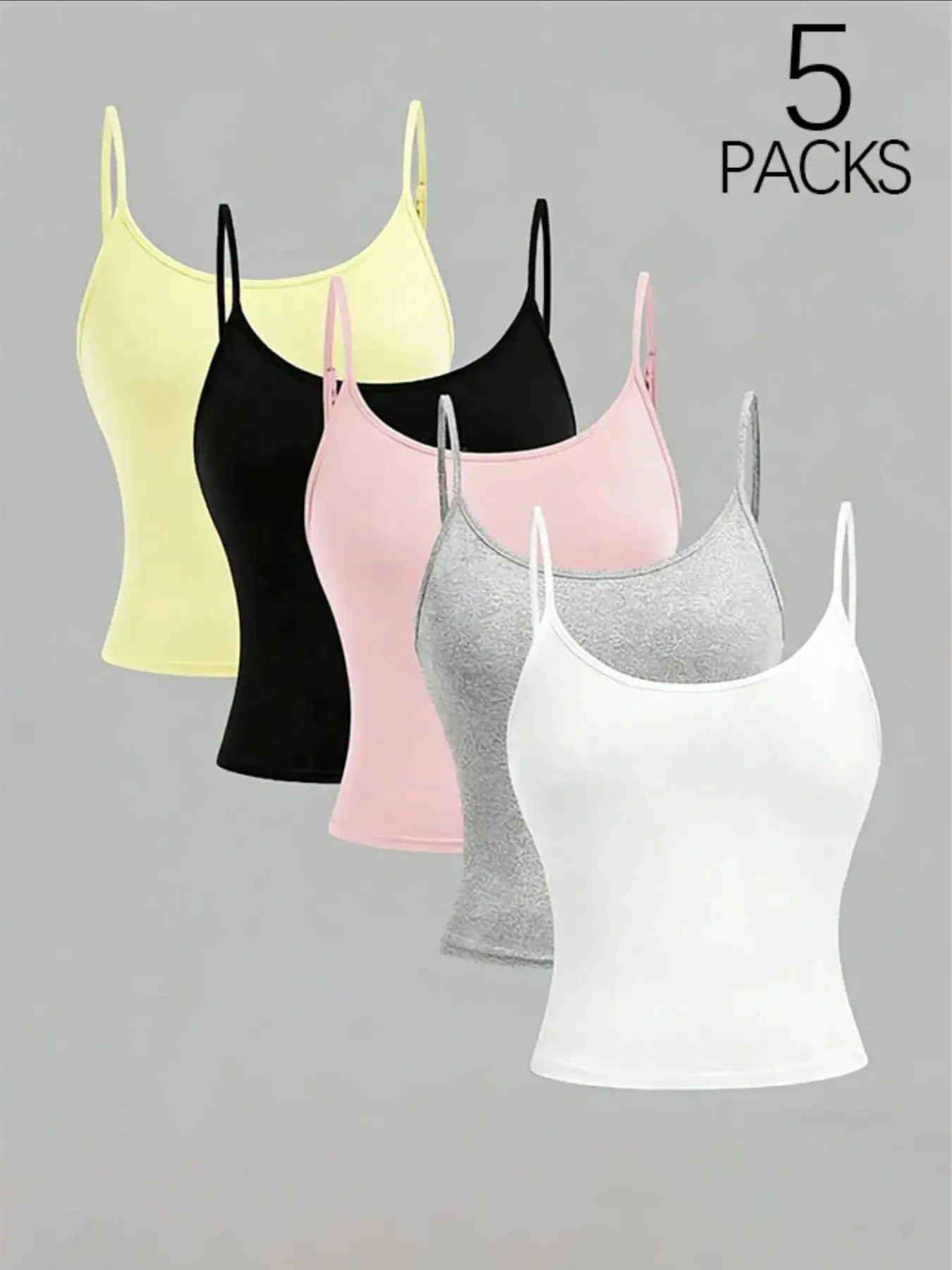 5 Packs Women's Basic Sleeveless Cami Tops, Y2K Sexy Slim Fit Camisole, Adjustable Spaghetti Straps, Stretchy Fabric, Plus Size Friendly, Daily Wear