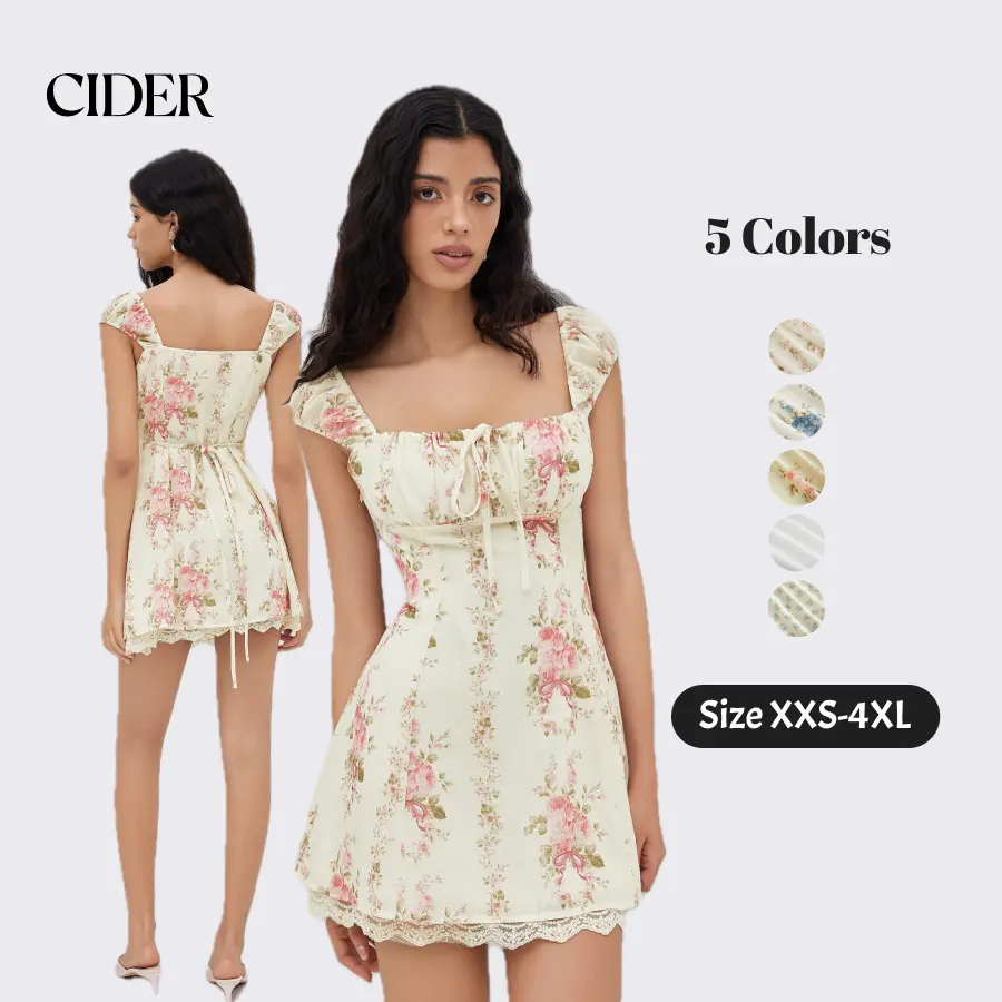 Cider Square Neck Floral Knotted Mini Dress Summer Garden Vaction Womenswear SohoChic
