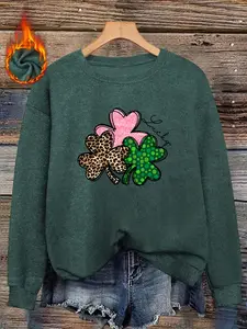 Saint Patrick's Day Fall Winter Women's Fitted Graphic Sweater, Leopard Print Four-Leaf Clover Lucky Pattern, Casual Daily Wear