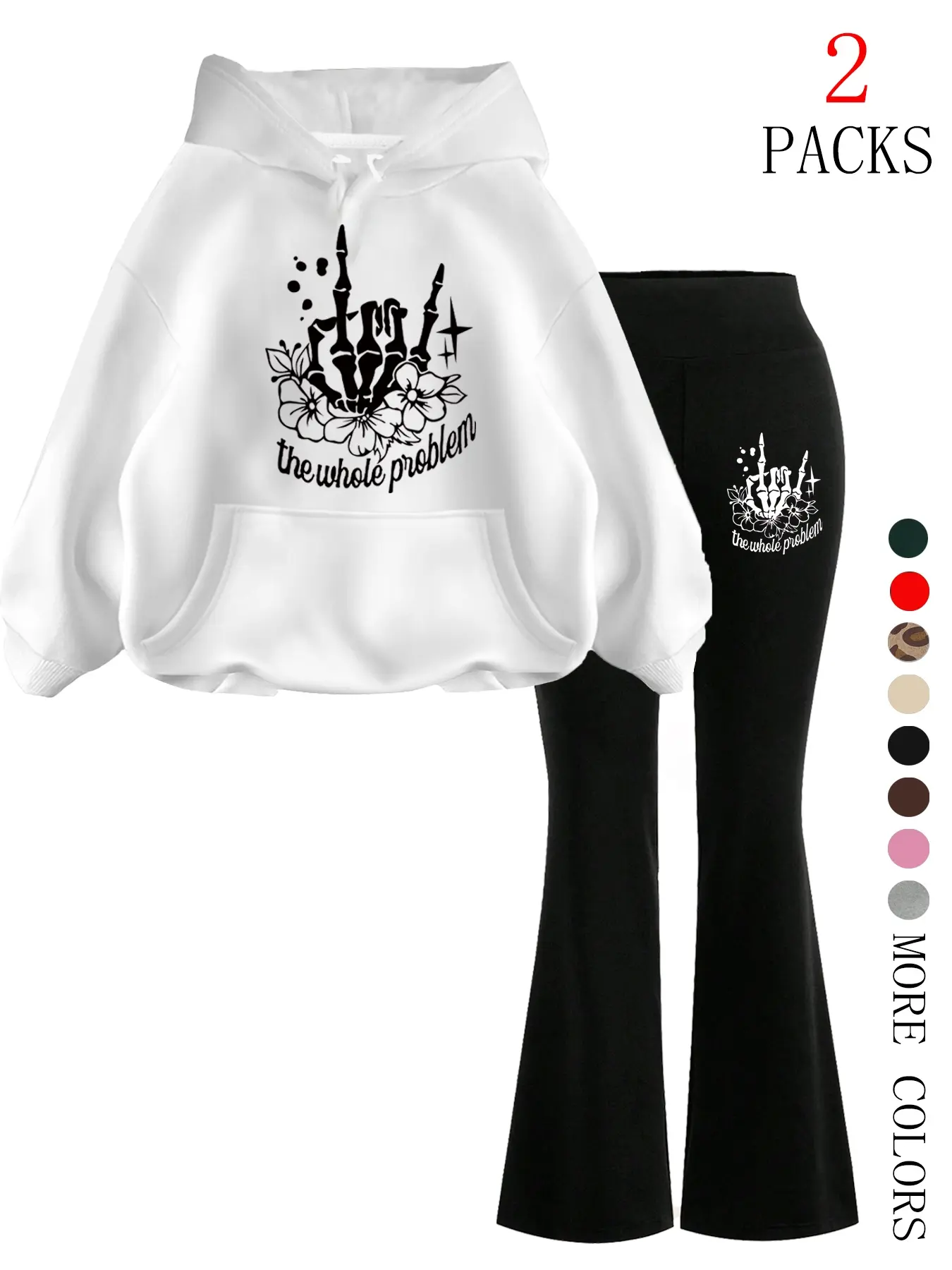 Women's Hooded Sweatshirt Set, Long Sleeve, Tops, Pants, Flared, Long Regular Fit, Halloween Skull Flower Print, Casual Street Style, Fall & Winter, Youth Fashion, Graphics, Oversize