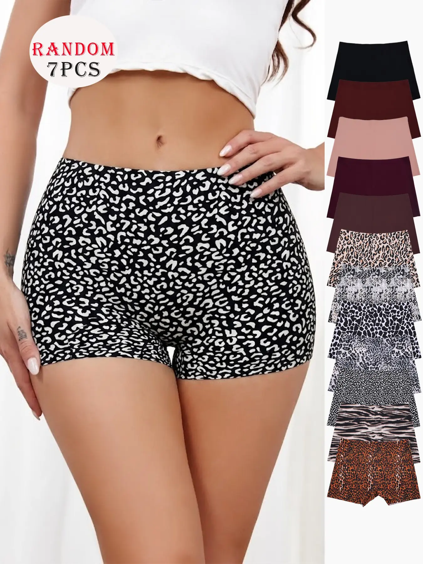 Random Color 7-Pack Seamless Leopard Print Boxer Briefs Panties for Women, Anti-Rolling Edge, Invisible Mid-Waist, Ice Silk, All Seasons, Casual Style, Lightweight, Underwear