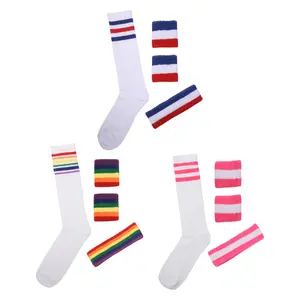 3 Pcs 80s Striped Sports Accessory Set with Headband, Wristbands & Knee High Socks, Polyester Retro Costume Outfit for Women and Men, Unisex Party Workout Dress Up Set