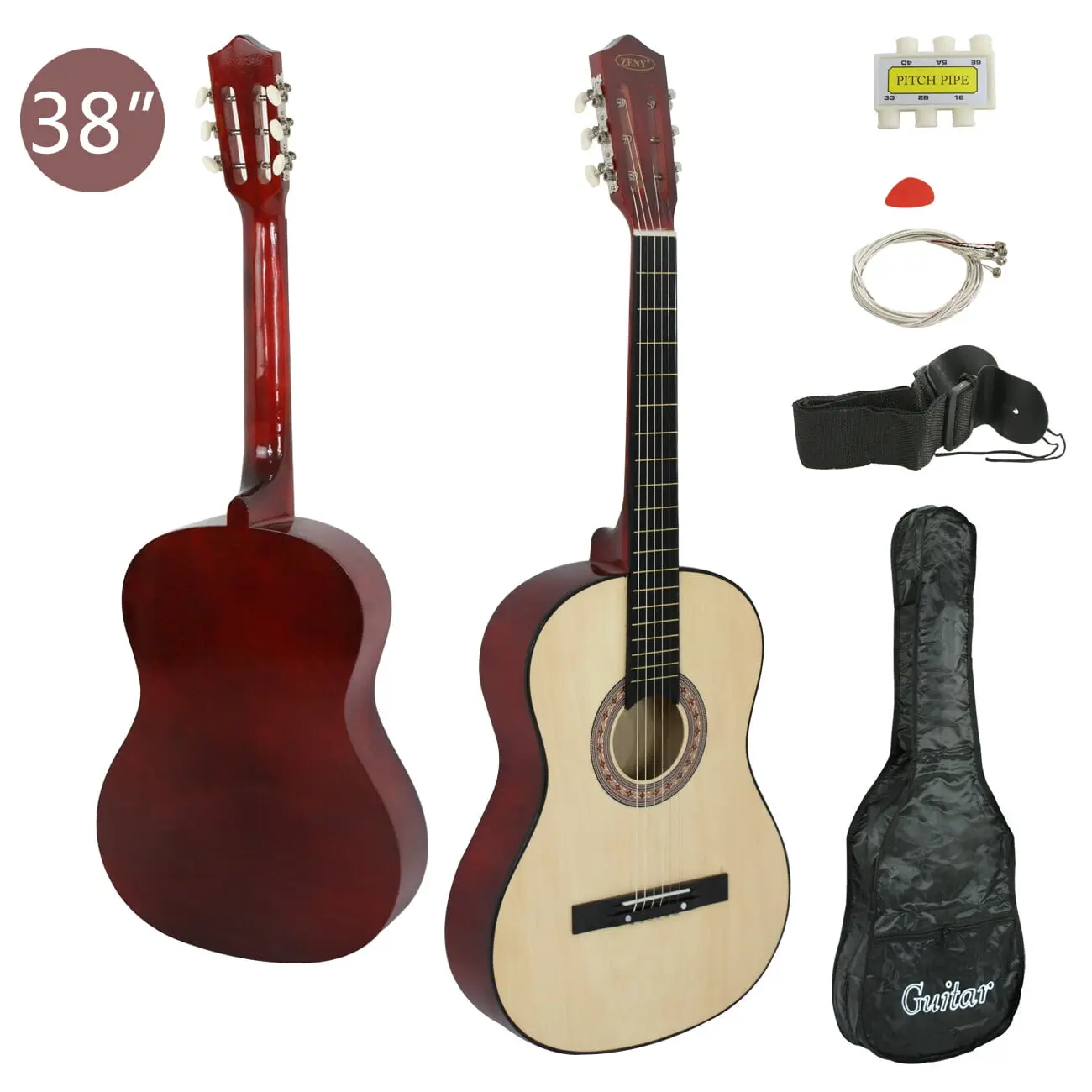 Segawe 38-Inch Wooden Acoustic Guitar Full Set for Kids Beginners & Aspiring Musicians - Natural Finish, Carry Bag, Strap, Extra Set of Strings, Pitch Pipe, Pick, 38"(L) x 14"(W) x 3.25"(H)