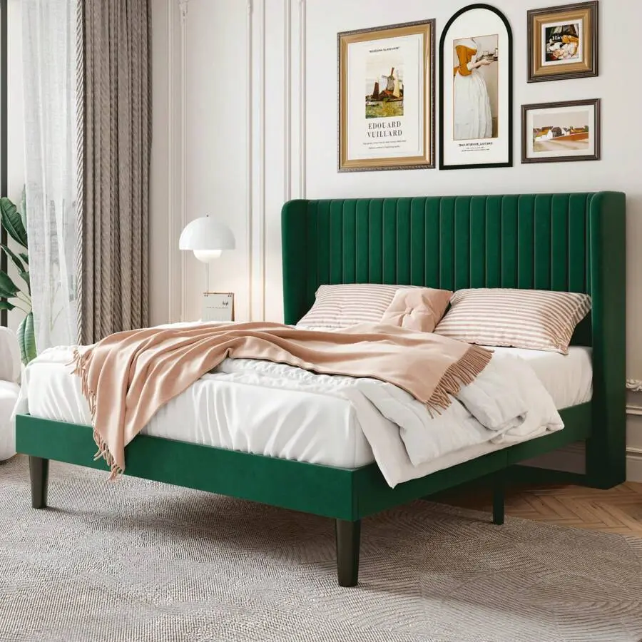 Full/Queen/King Size Velvet   With Vertical Channel Tufted Wingback Headboard, Upholstered Platform  With Wood Slats, No Box Spring Needed, Easy Assembly, Teal |   White |   Black |   Blue |   Green |   Teal *   Queen Queen     Full bed frame