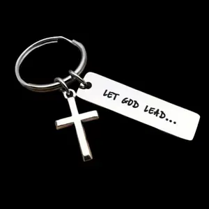 Let God Lead Cross Keychain, Engravable Stainless Steel Christian Charm, Religious Faith Key Ring for Backpack Bag Accessory