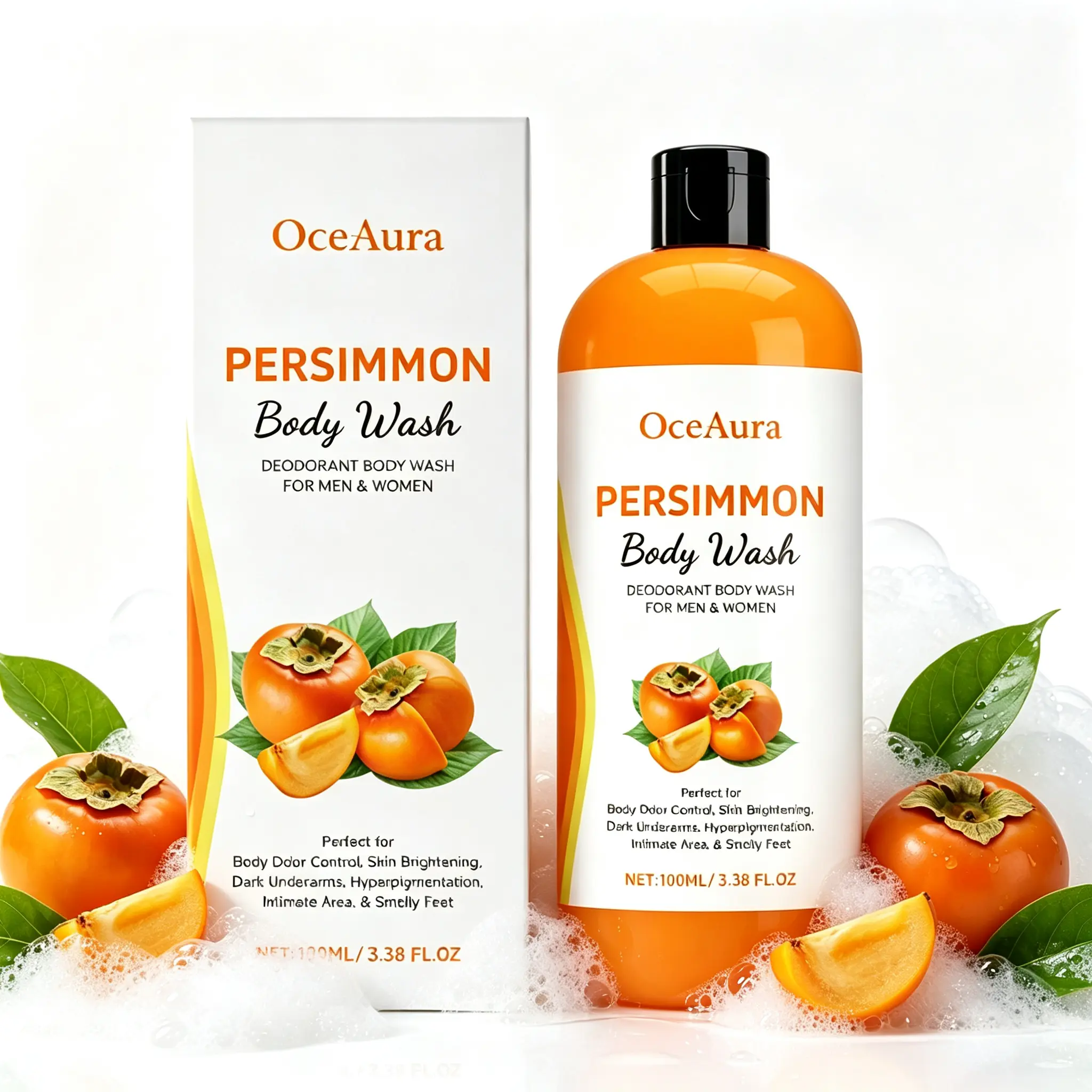 Persimmon Body Wash Odor Eliminator, Persimmon Soap for Old People Smell Nonenal Soap, Purify Women Men Strong Smell, Refreshing Scent 3.38 fl.oz/100ml