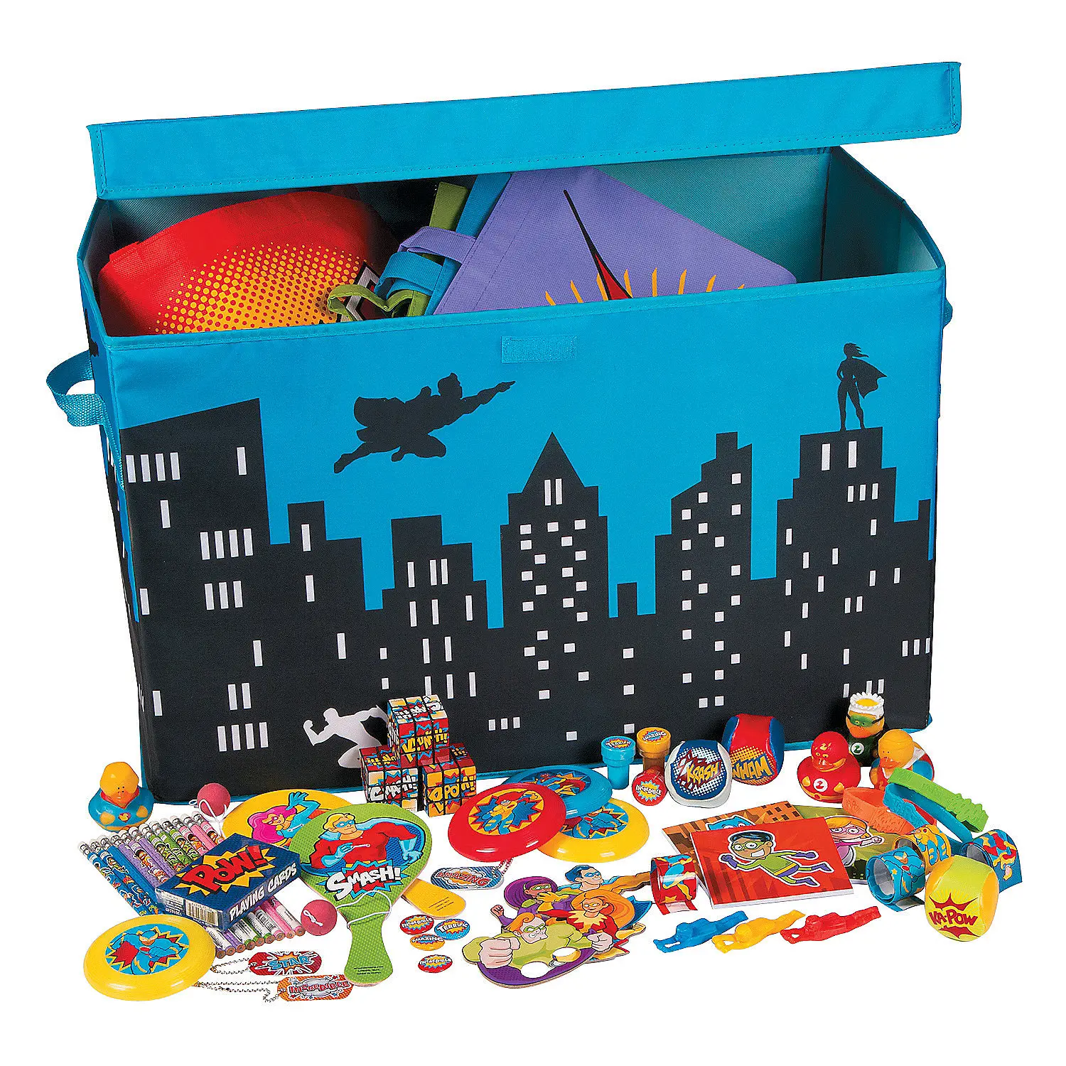 Polyester Party Prize Chest (2 ft. x 14" x 15") - 500 Bulk Superhero Toys Assortment with Hero Silhouettes, Unisex All Ages Classroom Rewards & Fundraiser Prizes, Toys & Hobbies, DIY, Beading & Jewelry Making