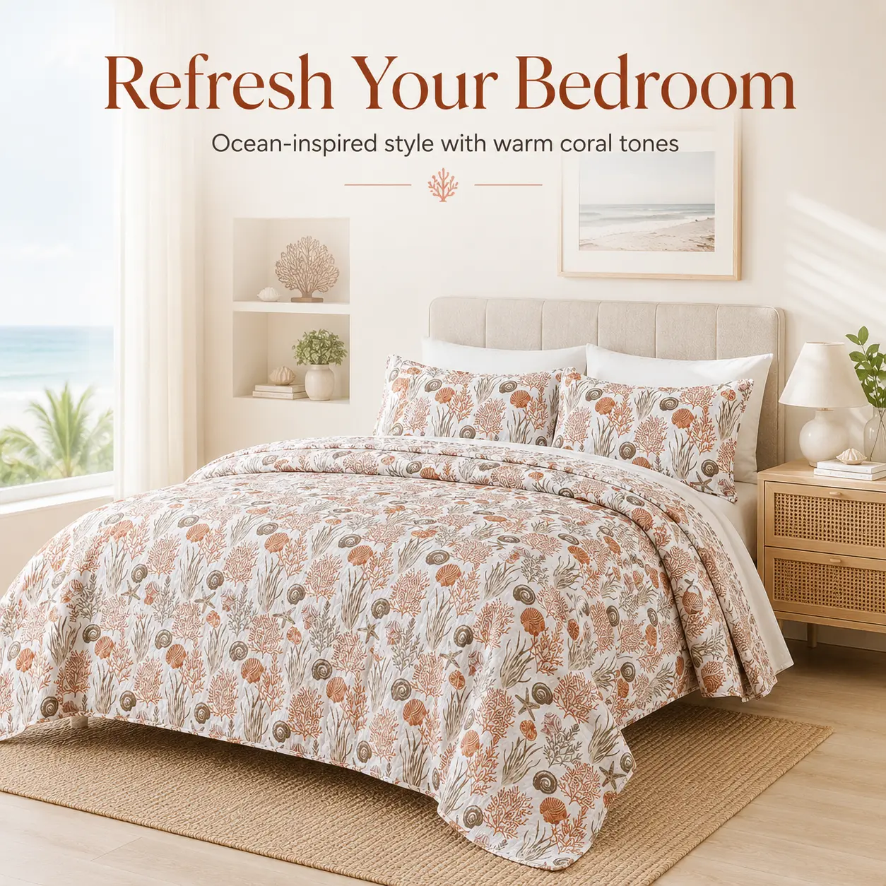 Coastal Coral Quilt Set 100% Polyester Lightweight Bedspread with Matching Pillow Shams Soft Ocean Print Bedding Set for Twin Queen and King Beds