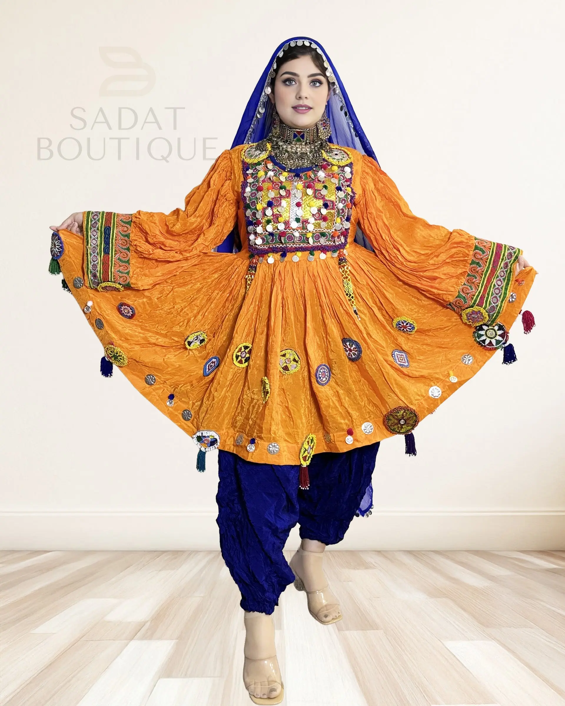 Sadat Boutique Saffron-Cobalt Afghan Kuchi Muslim Festival Clothes Set, Asian-Inspired Women's Costume with Mirror Accents