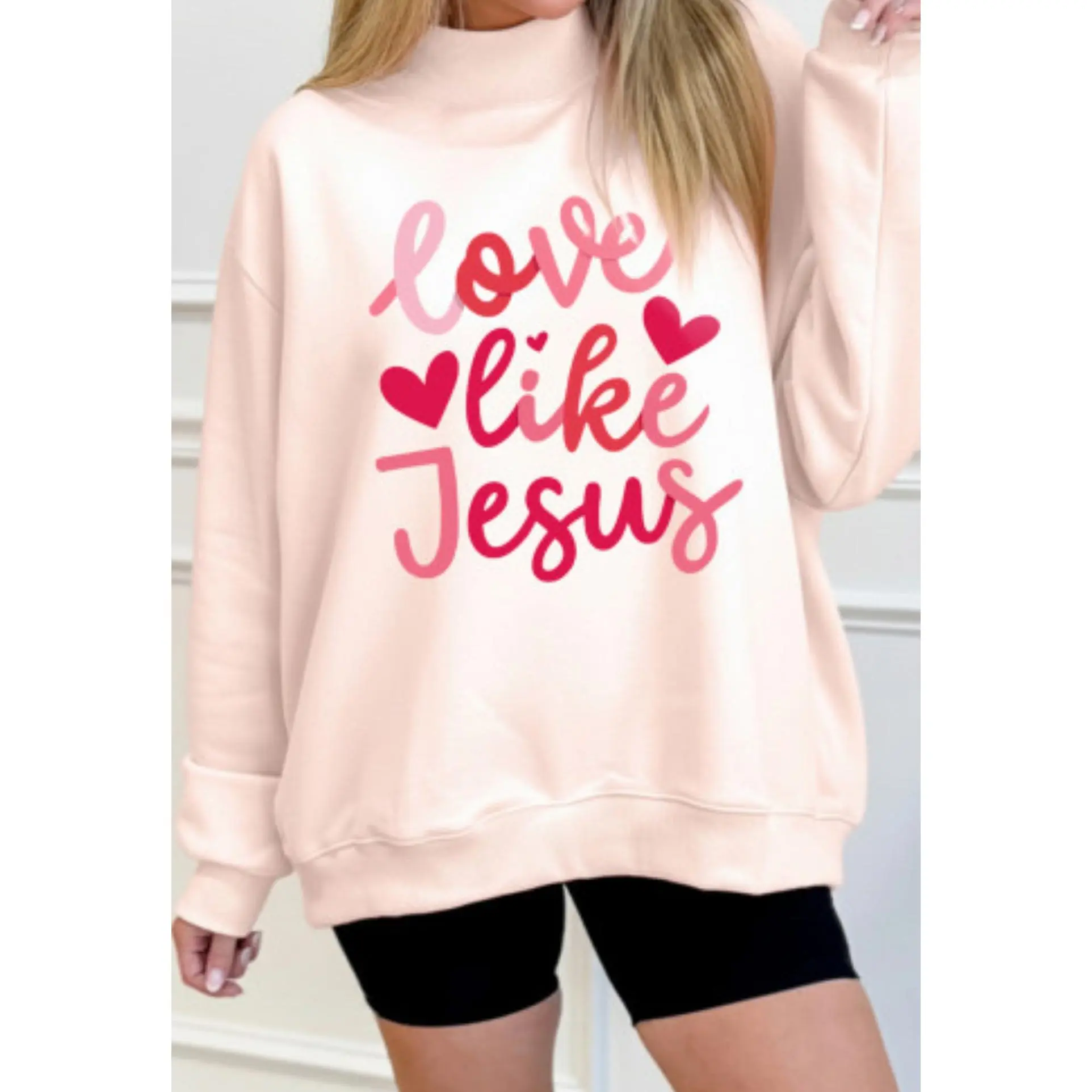 Light Pink love like Jesus Valentines Day Mock Neck Sweatshirt