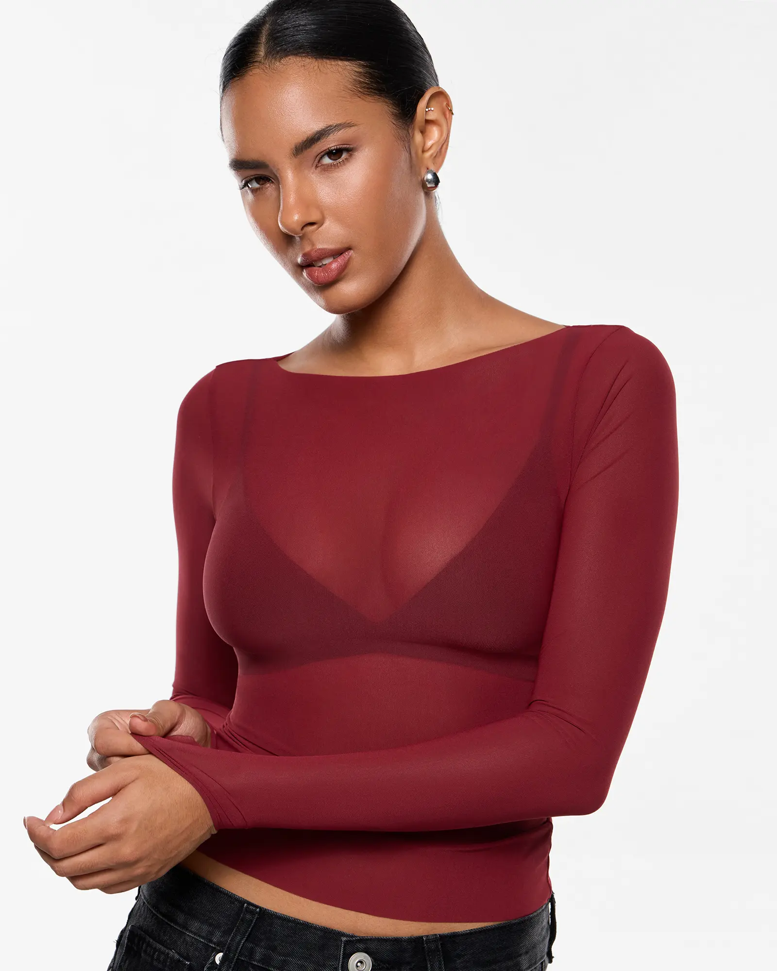 INLYRIC Women's Cosnufy Mesh Sheer Long Sleeve Tops See Through Boat Neck Going Out Tops Trendy Sexy Shirts