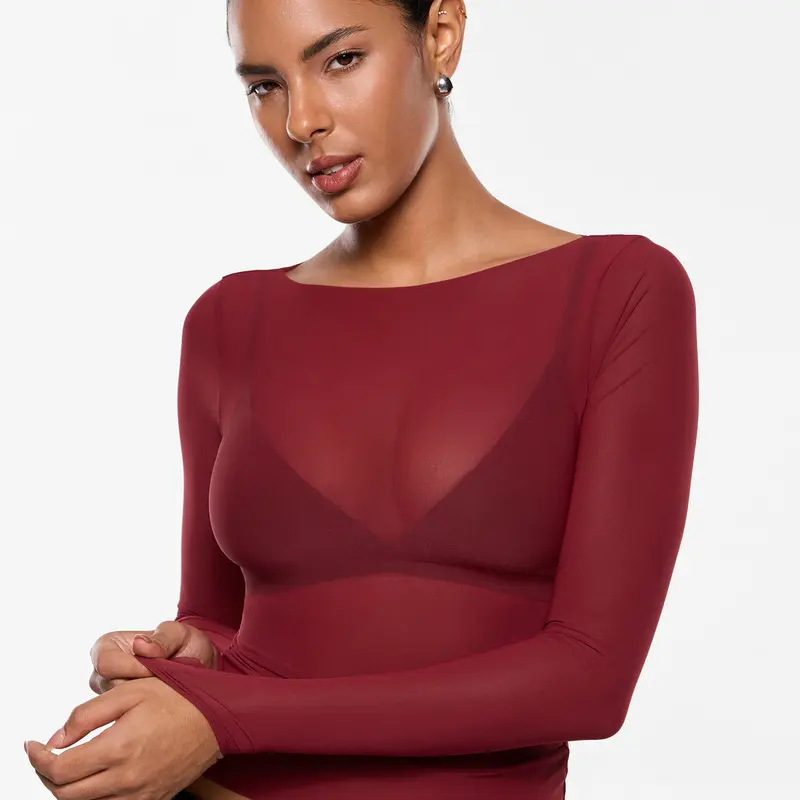 INLYRIC Women's Cosnufy Mesh Sheer Long Sleeve Tops See Through Boat Neck Going Out Tops Trendy Sexy Shirts