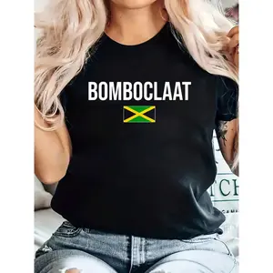 Women's 100% Cotton Fitted Crew Neck Shortsleeve T-Shirt - Jamaican Patois Bomboclaat Graphic, Machine-Washable Casual Streetwear Summer Top