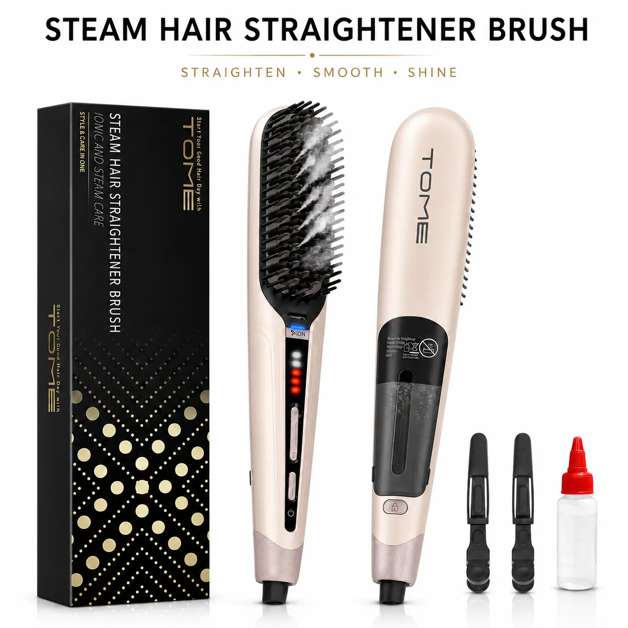 TOME Steam Hair Straightener Brush for Frizz Control, 2 Steam Levels & 3 Heat Settings, Anti-Scald Fast Styling Brush, Dual Voltage 100-240V