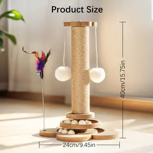 Cat Scratching Post 17.5" Tall Natural Sisal Scratcher with Self Groomer & Cat Ball Track for Indoor Cats Kittens Cozy Perch for Rest